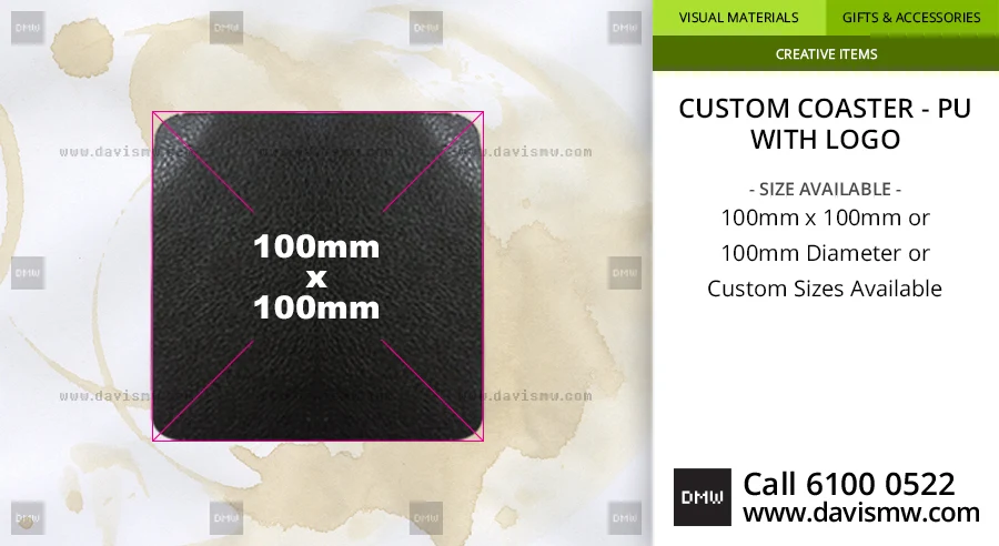 Custom Coaster - PU Leather with logo - 100mm x 100mm - Davis Materialworks