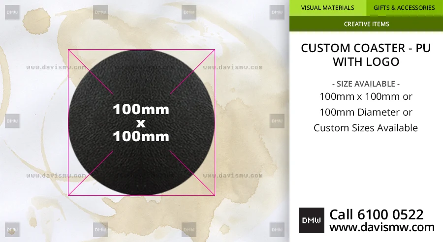 Custom Coaster - PU Leather with logo - 100mm Diameter - Davis Materialworks