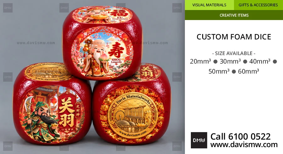 Three red custom foam dice printed with illustrations, Chinese characters and logos