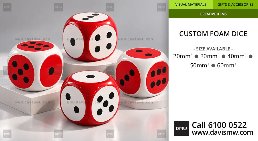 Four red and white foam dice showing black pips from one to six