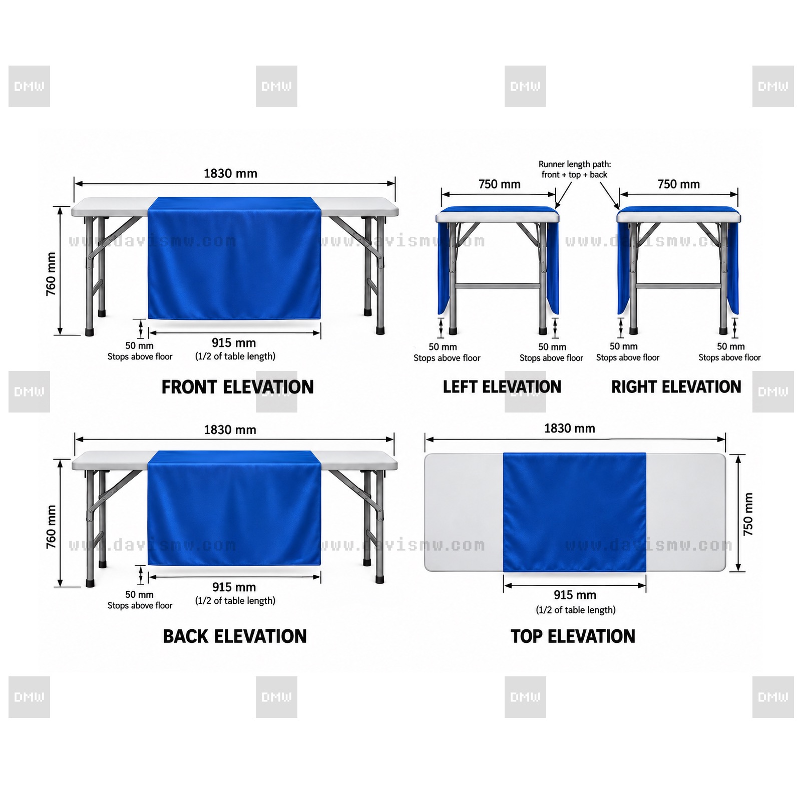 Front-to-back blue table runner on a bare event table, with the 915 mm runner width and 50 mm floor clearance marked