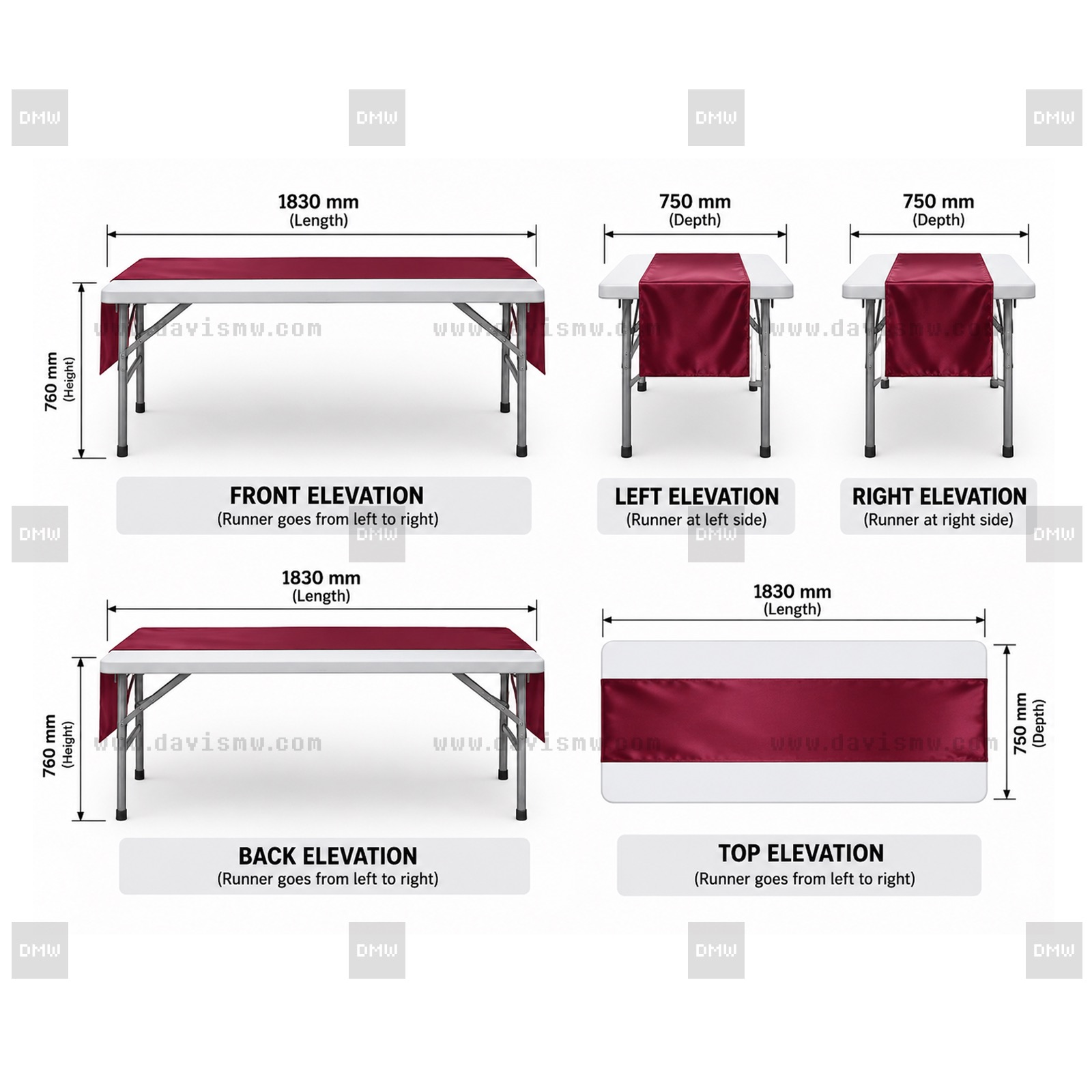 Left-to-right maroon table runner crossing the table length, with panels hanging over both ends