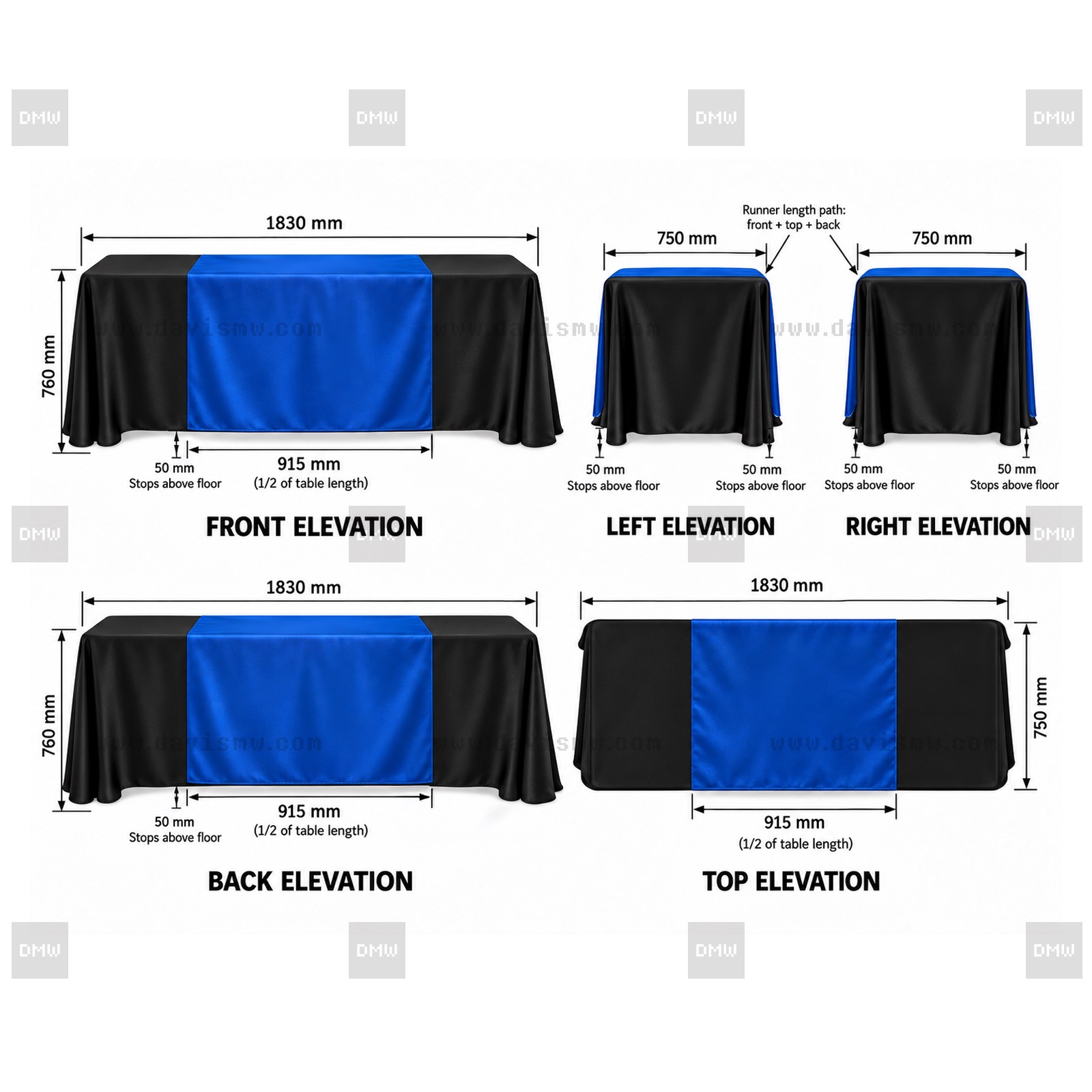Blue front-to-back table runner over a black tablecloth, with the runner width and floor clearance marked