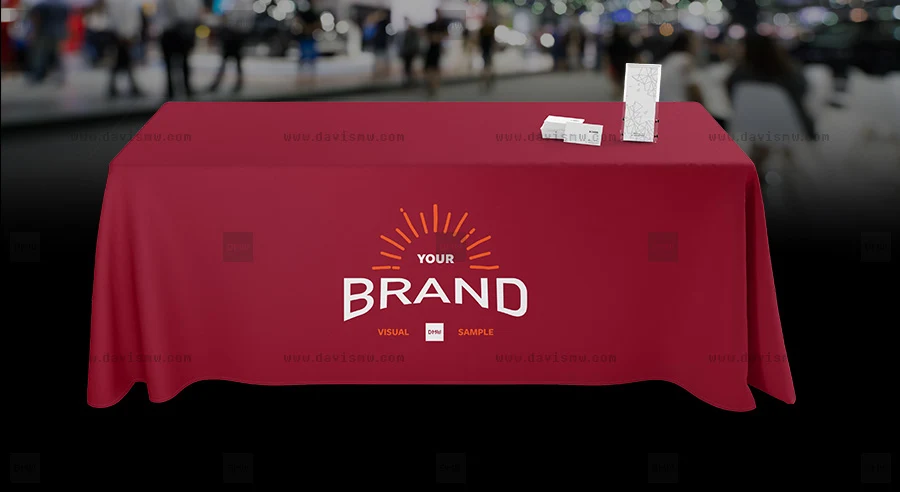 Red custom event tablecloth with logo branding at a trade show – Davis Materialworks