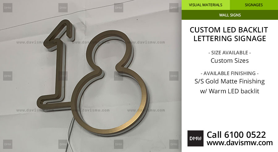 Custom LED Backlit Lettering Signage - SS Gold Matte Finishing with Warm LED - Davis Materialworks