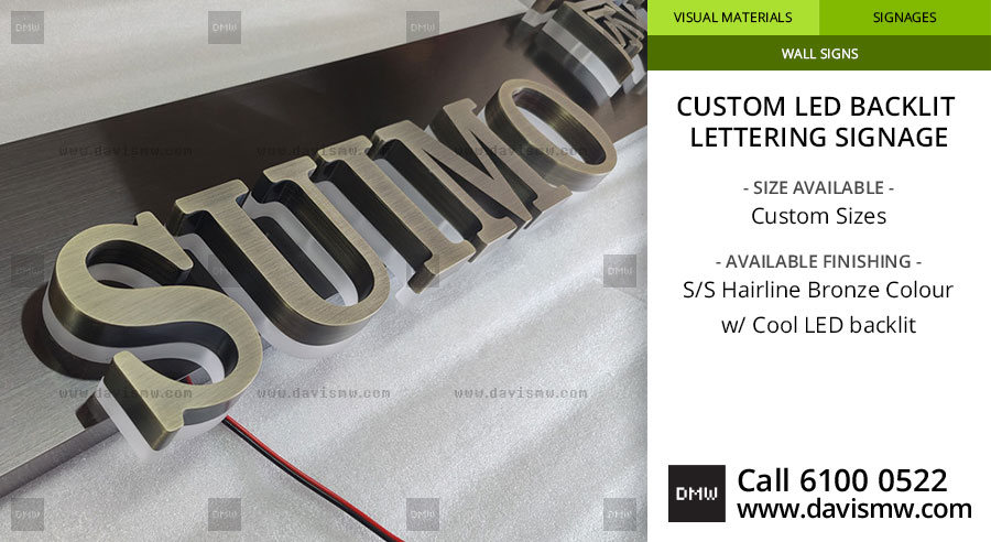 Custom LED Backlit Lettering Signage - SS Hairline Bronze Colour with Cool LED - Davis Materialworks