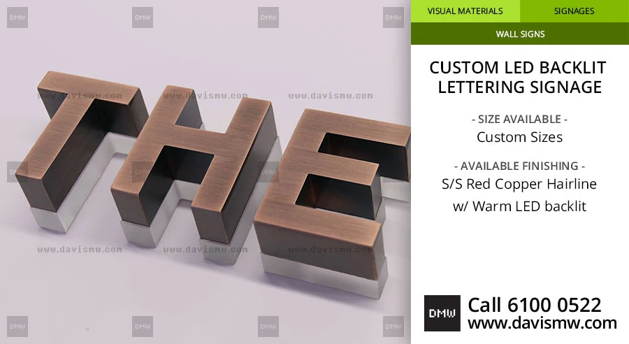 Custom LED Backlit Lettering Signage - SS Red Copper Hairline with Warm LED - Davis Materialworks